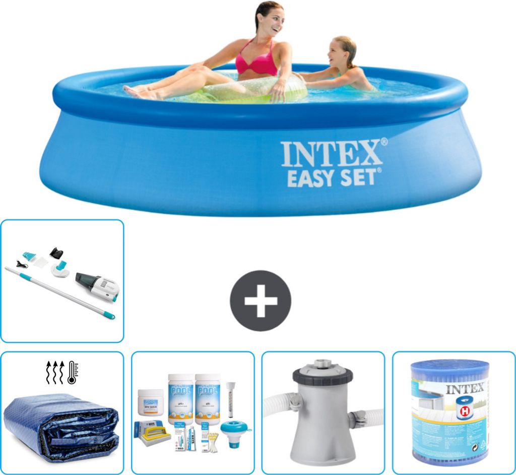 Intex runder aufblasbarer Easy Set-Pool – 244 x 61 cm – Blau – im Lieferumfang enthalten Sonnensegel - Wartungspaket - Filterpumpe für Schwi...