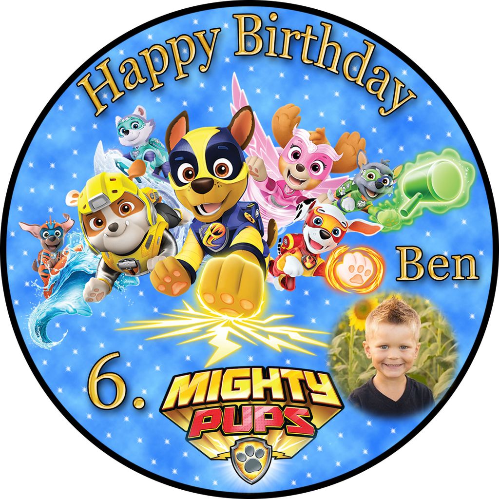 Tortenaufleger Fototorte Tortenbild Kindergeburtstag Paw Patrol Mighty Pups PP04 (Zuckerpapier) Rund 20 cm Ø mit Foto Blau
