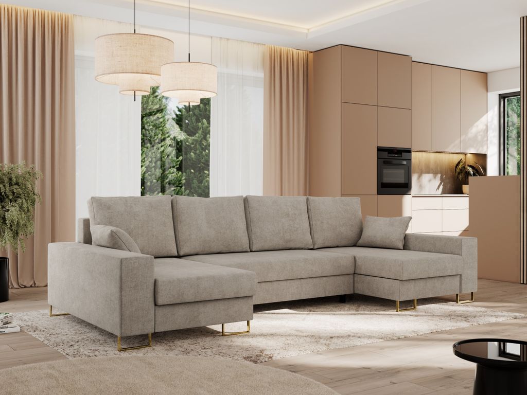 MKS MEBLE Ecksofa U mit Schlaffunktion und Bettkasten, Wohnlandschaft U-form - DORIAN U - Beige Struktur