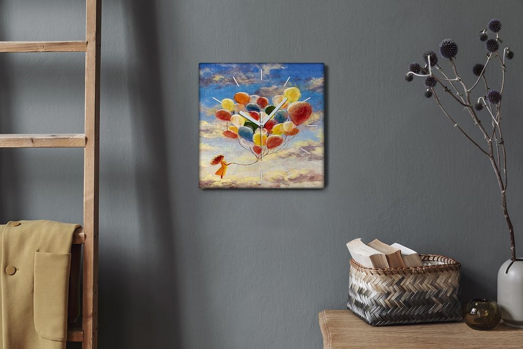 Coloray Hodiny Unikátní 30x30 cm Tiché hodiny Pro obývací pokoj a kuchyň Nástěnné hodiny Plátno Bílé ručičky hodin - Nebeské balónky