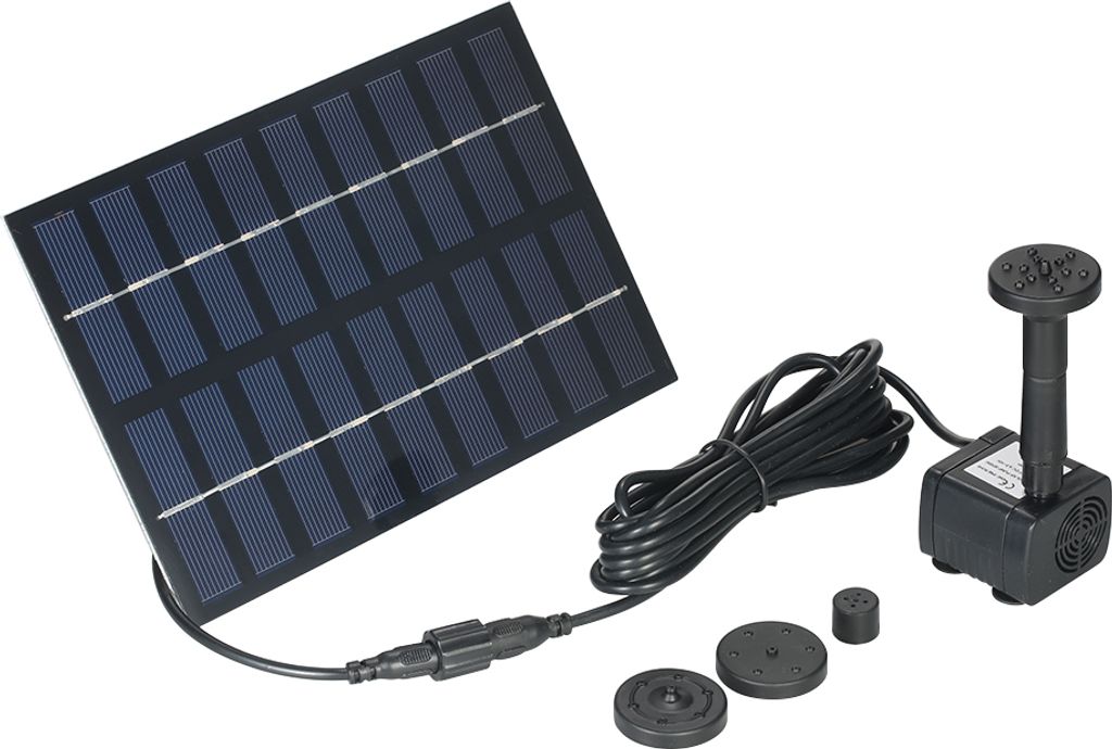 A solar panel and a water pump kit are laid out on a white background.