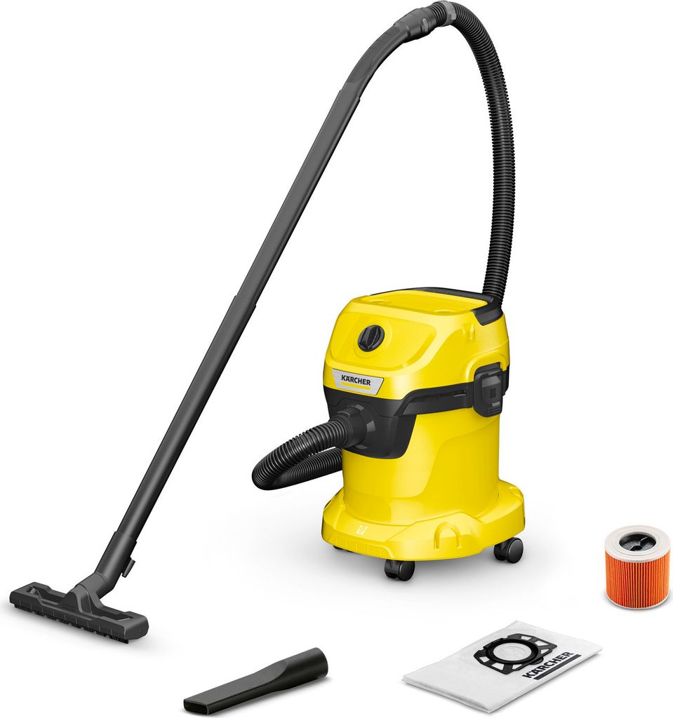 A yellow Kärcher wet/dry vacuum cleaner with accessories on a white background.