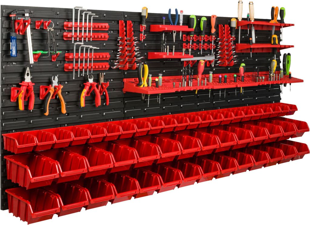 Lagersystem Werkstattregal | 172 x 78 cm | 50 stck. Box | Wandregal mit Werkzeughalterungen und Stapelboxen - Wandplatten Extra Starke Schüttenreg...