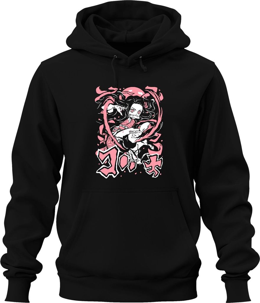 Nezuko Kimetsu no Yaiba Dämonenmädchen Bambus Kampfpose Rosa Uni Hoodie Kapuzenpullover, Schwarz, 3XL