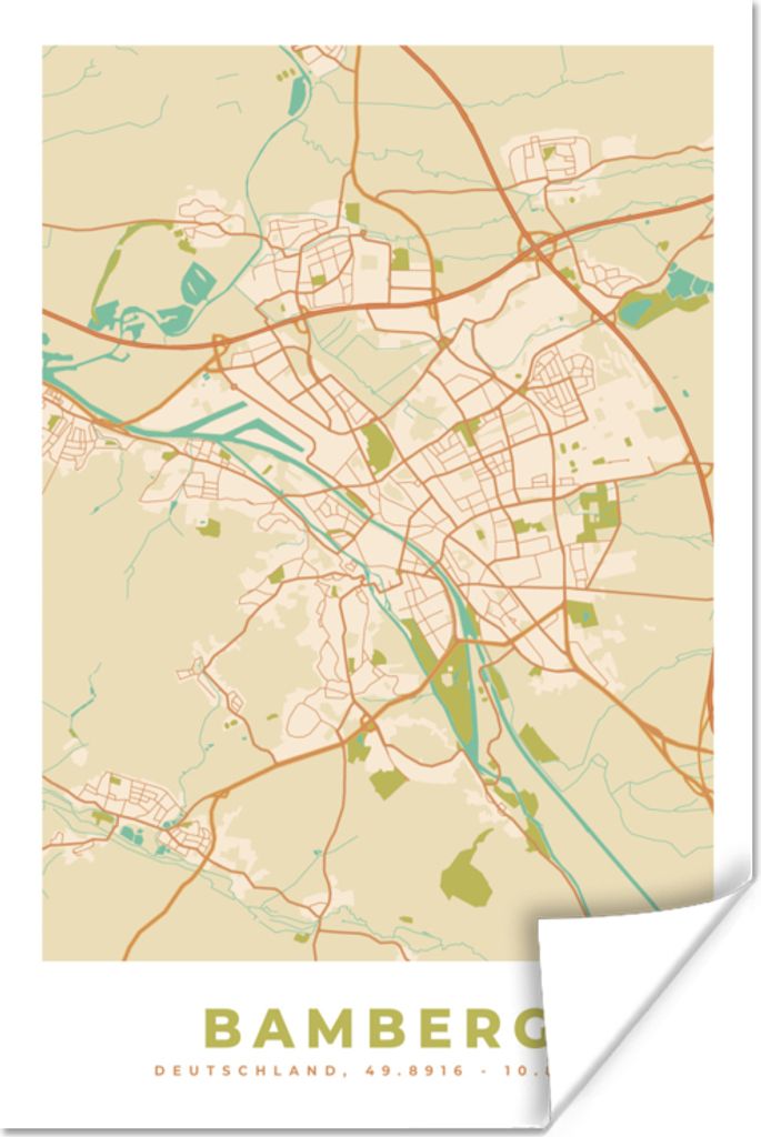 MuchoWow Poster Bamberg - Karte - Stadtplan - Vintage 120x180 cm - Kunstposter