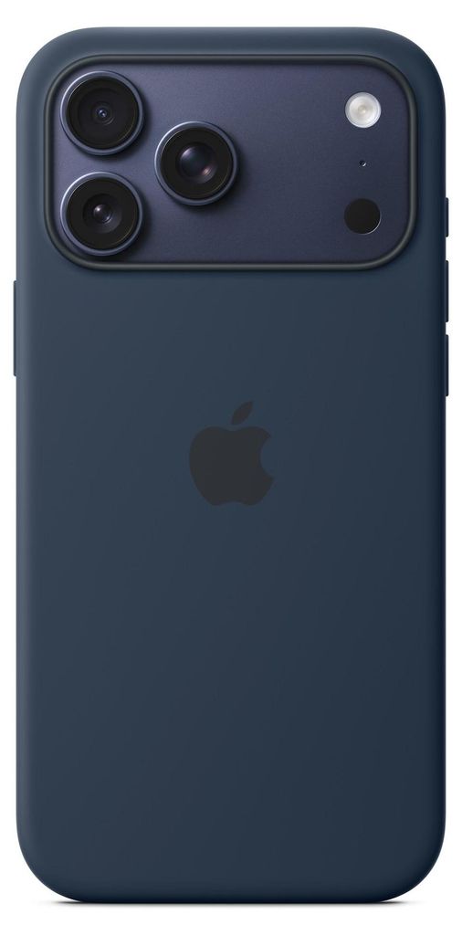 The back of a dark blue iPhone case with a triple camera bump and an Apple logo.