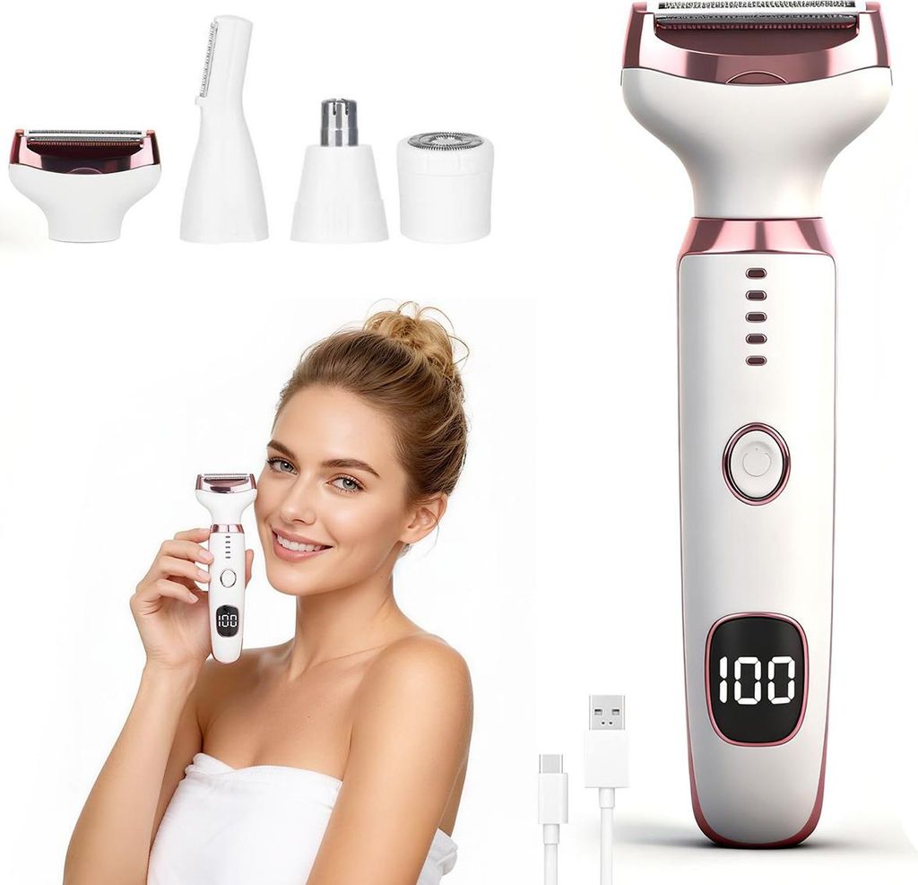 4-in-1 USB Damenrasierer, LED-Anzeige, Nass- und Produktbild 