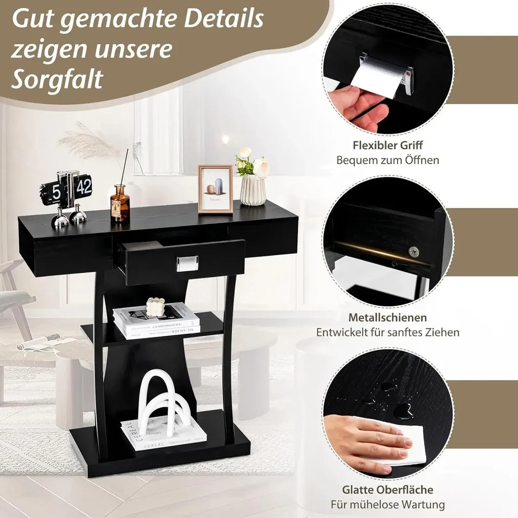 Console en bois noir avec tiroirs et structure métallique - Modèle INDUS