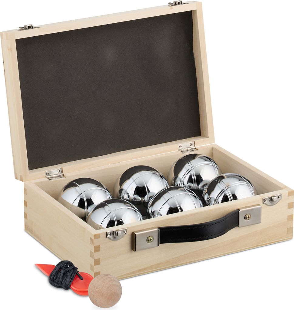 Relaxdays Boule Kugeln, 6 Stahlkugeln, Set mit Zielkugel, Produktbild 