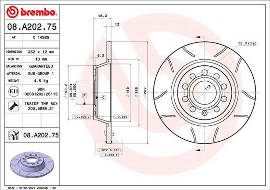 BREMBO 08.A202.75 Bremsscheibe OE 1K0615601AD kompatibel mit A3 8P, Q3, Alhambra, Altea, Altea XL, Leon, Toledo, Octavia, Superb, Yeti, CC, EOS, Go...