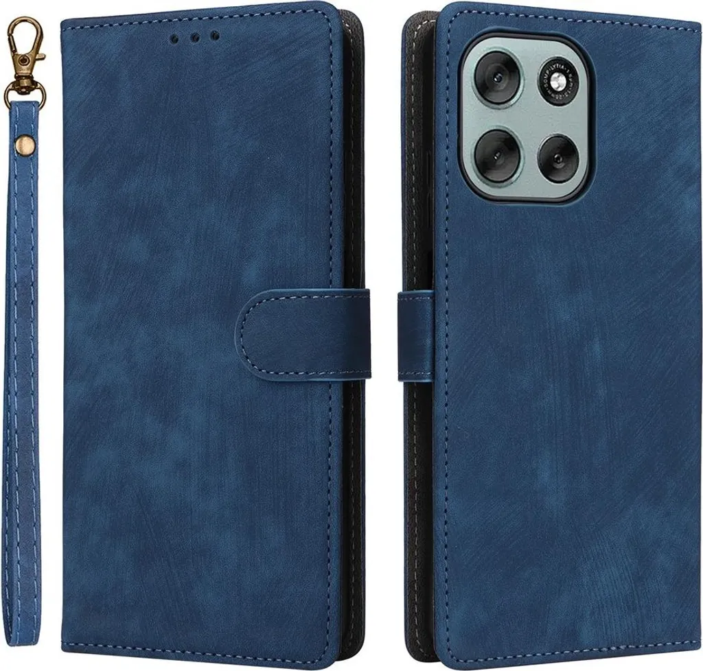 Custodia per Motorola Moto G56 - Cover portafoglio Phonesta Vintage Skin con cordino staccabile - Blu