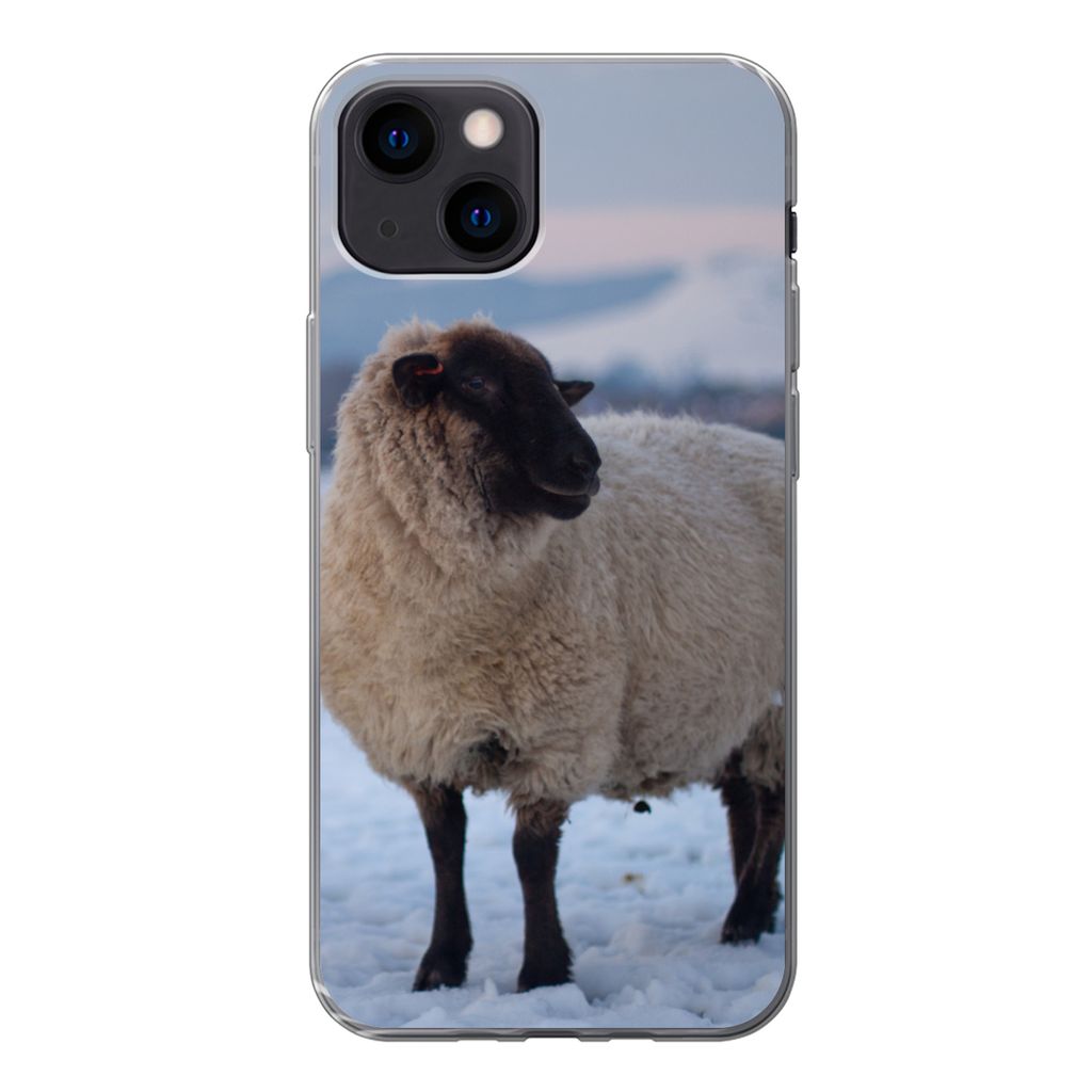 MuchoWow Handyhülle Schutzhülle Hülle für iPhone 13 mini Schaf - Schnee - Berg Silikon Softcase Handy Hülle - Softcase
