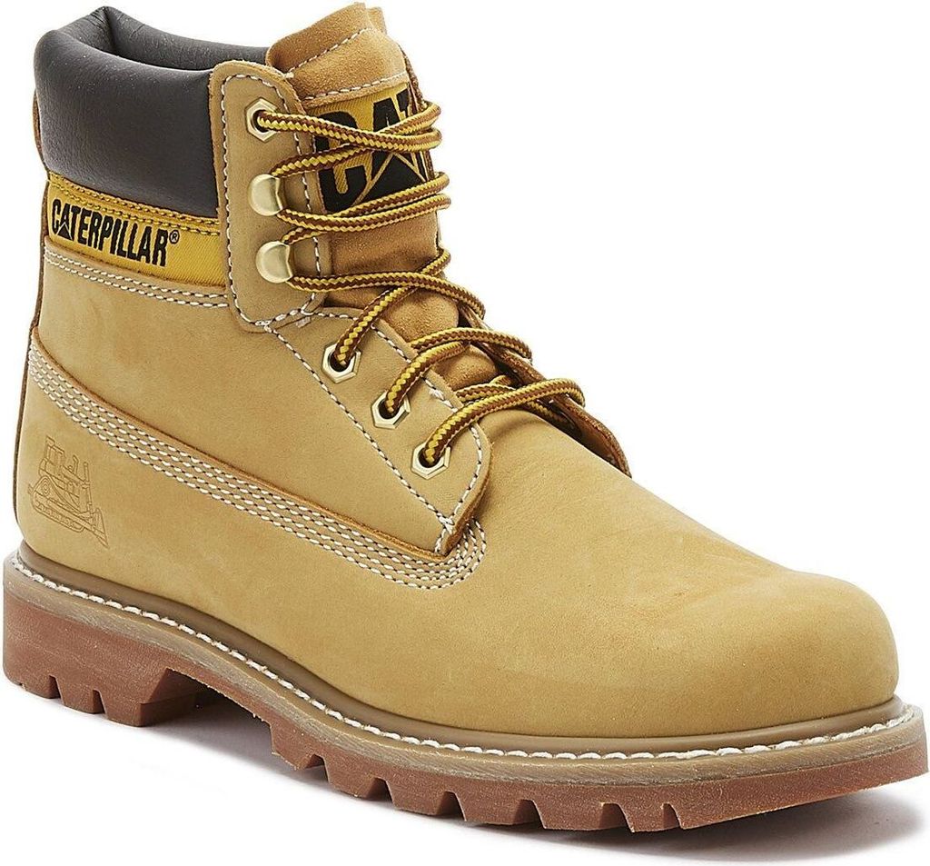 A single Caterpillar boot is shown against a white background.