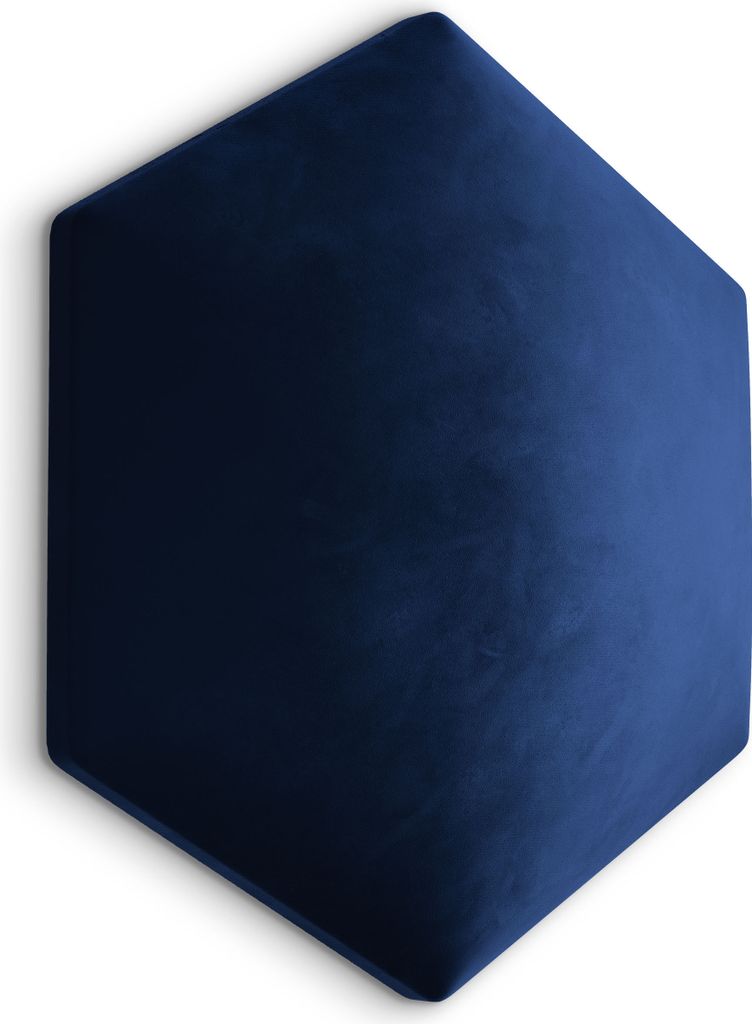 A single hexagonal dark blue velvet panel with a shadow cast on the right side, presented on a white background.