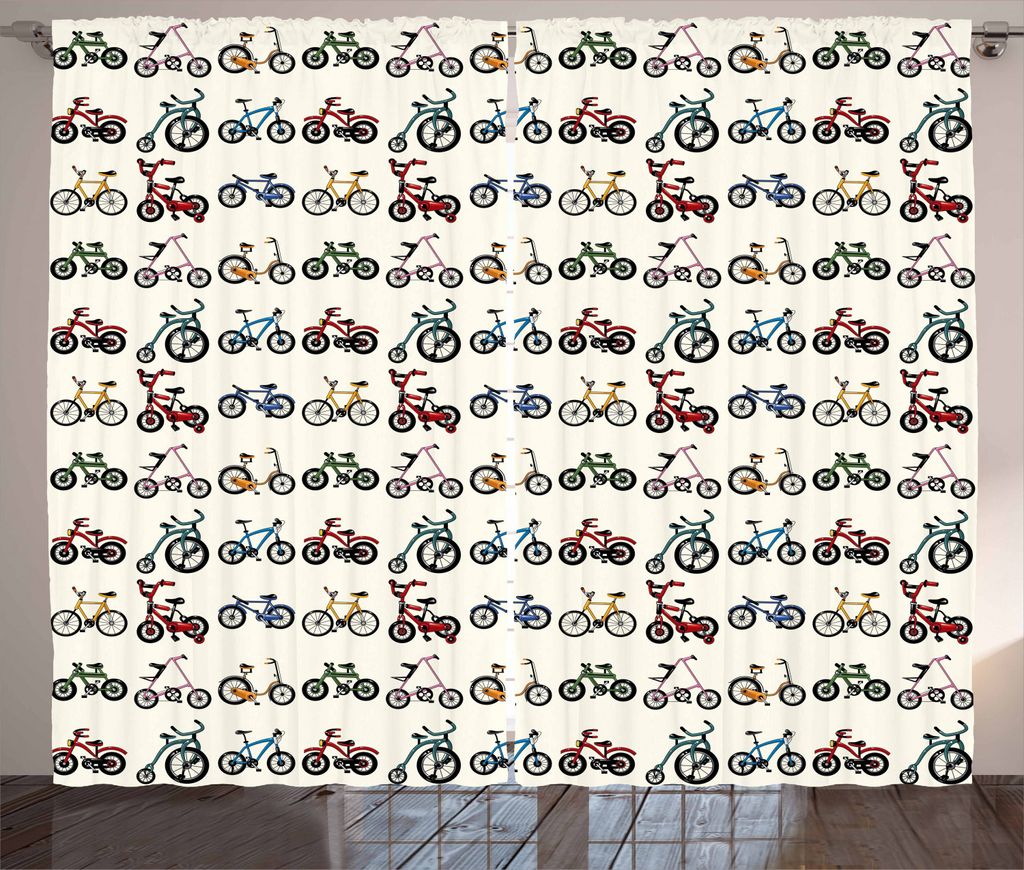 ABAKUHAUS Sport Rustikaler Vorhang, Buntes Fahrrad-Muster, Wohnzimmer Universalband Gardinen mit Schlaufen und Haken, 280 x 225 cm, Mehrfarbig