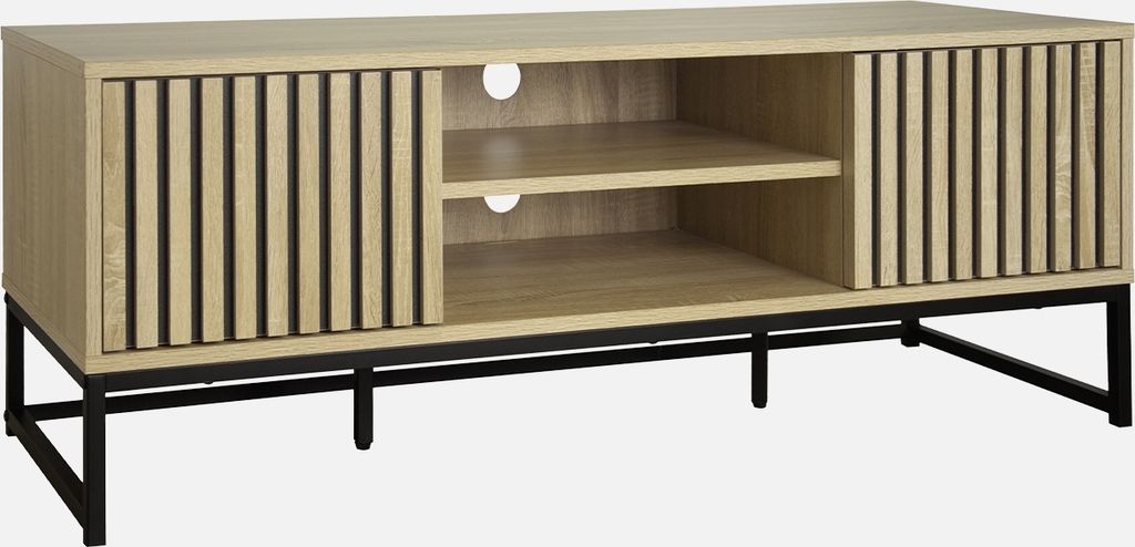 sweeek - TV-Möbel in gerilltem Holzdekor und schwarzem Metall 2 Türen B 120 - Natur