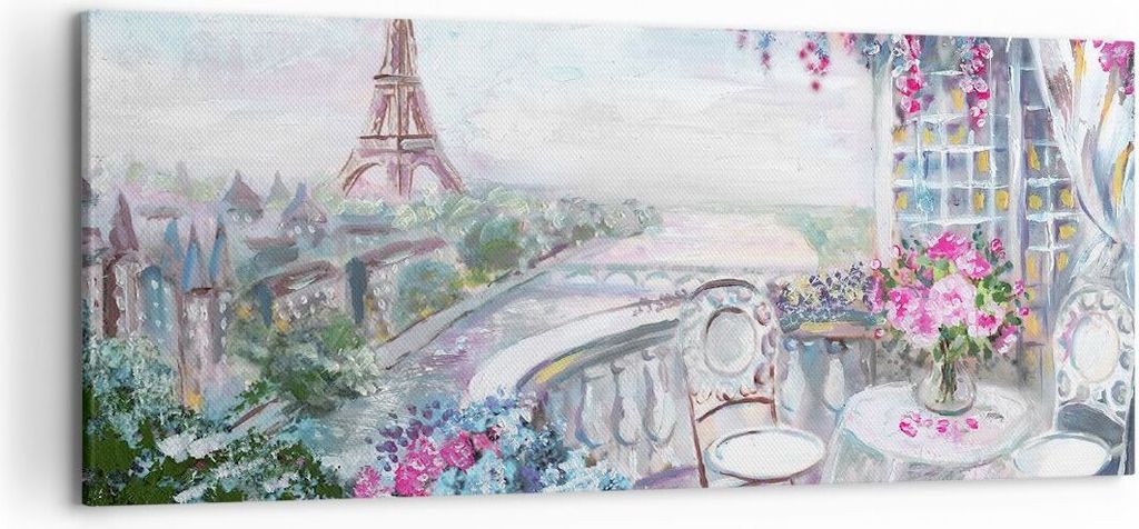 Bild auf Leinwand - Leinwandbild - Blumen Eiffle Architektur Balkon - 120x50cm - Wand Bild - Wanddeko - Leinwanddruck - Bilder - Kunstdruck - Leinw...