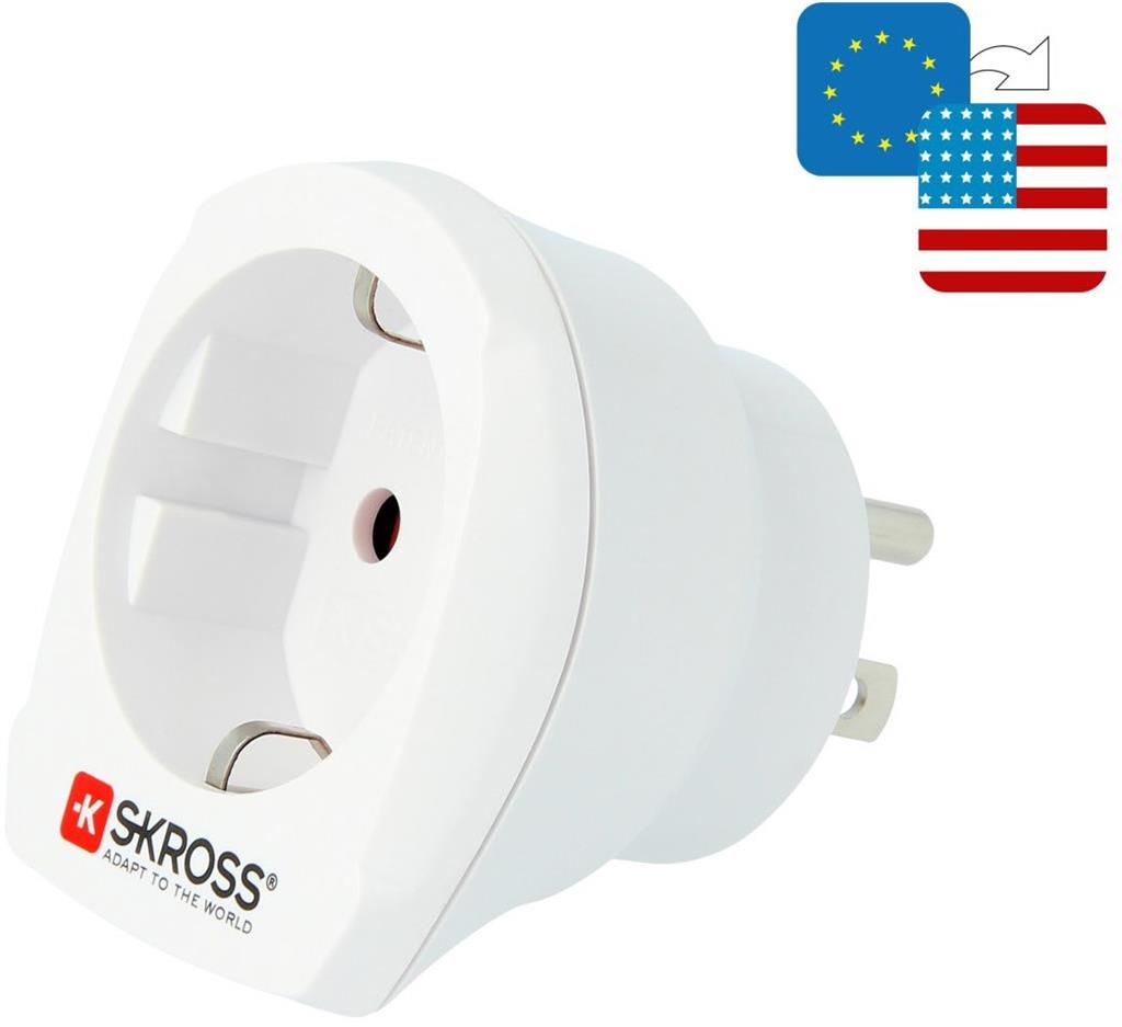 A white travel adapter is shown against a white background. There are two flag icons in the top right corner, one of the EU and one of the USA, with an arrow indicating a transition between them.