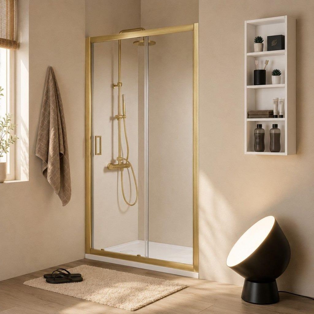 Duschabtrennung für Nische 130 cm gebürstetes Gold, Fest- Produktbild 
