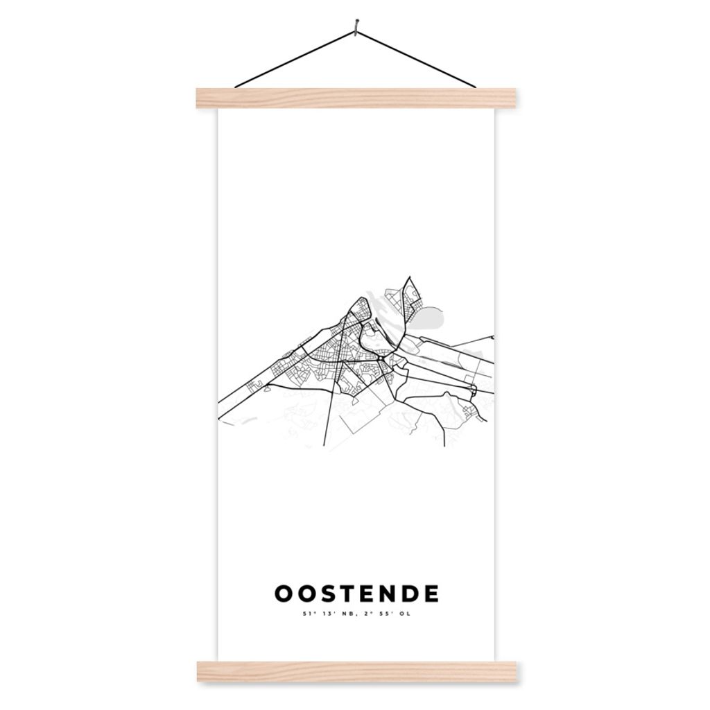 MuchoWow Textilposter Stadtplan - Schwarz und weiß - Karte - Ostende - Belgien - Karte 60x120 cm mit holzfarbenen Rahmen - Holz