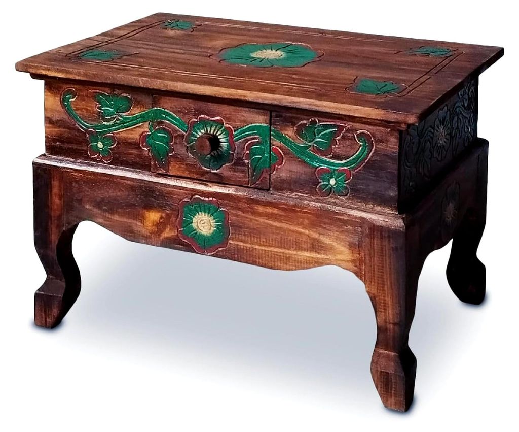 Opiumtisch mit Schublade – 60x40x40cm – Handgeschnitzter Beistelltisch aus Holz von Bali, bringt asiatischen Charme in Ihr Zuhause (Blumen)