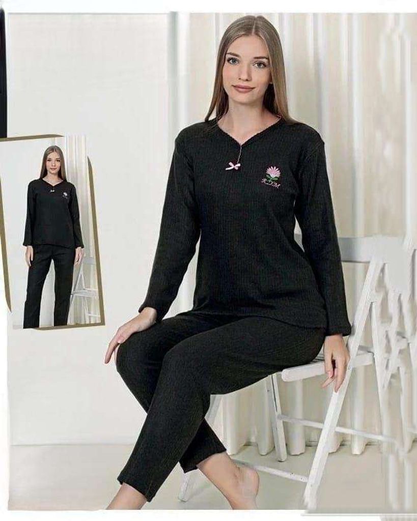 Dámske pyžamo pyžamo čierne M dlhý teplý 2-dielny set C-88 Obrázok produktu 