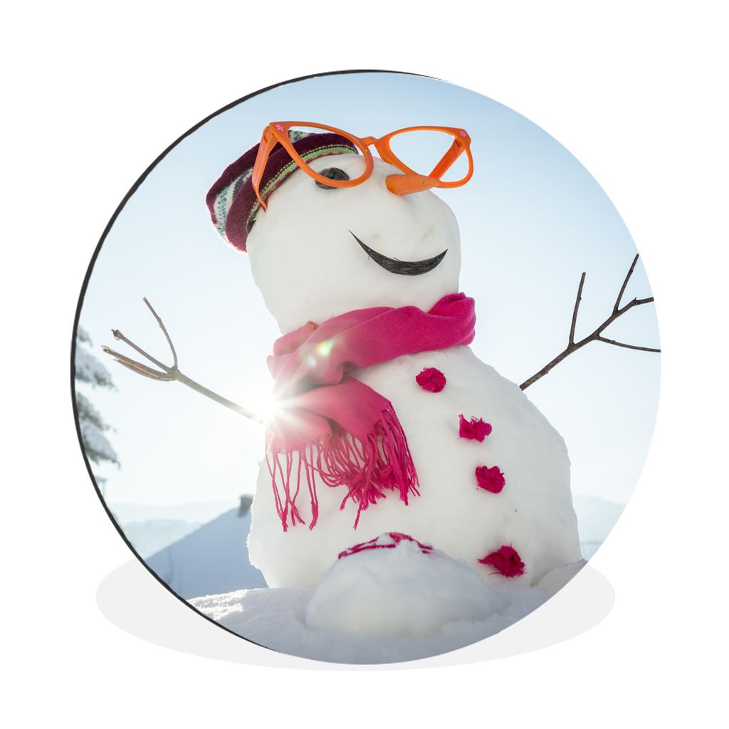 MuchoWow Aluminium Wandkreis Ein Schneemann mit der Sonne im Rücken schafft eine weihnachtliche Atmosphäre Ø 60 cm Wanddeko Modern Wohnzimmer ...