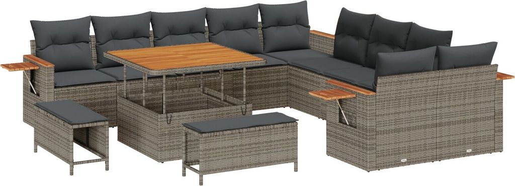 Eleganten-Stil 13-teiliges Garten Sofa Set mit Kissen Grau Poly Rattan Akazie, 3-teiliges Garten Esszimmer Set mit Kissen Grau Poly Rattan Akazie -...