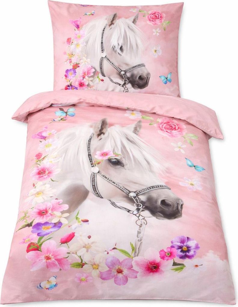 Renforcé Bettwäsche-Set 2 teilig 135x200cm Pferde Bettwäsche rosa pink Kinder bettwäsche 135x200 cm pferd mädchen bettwäsche