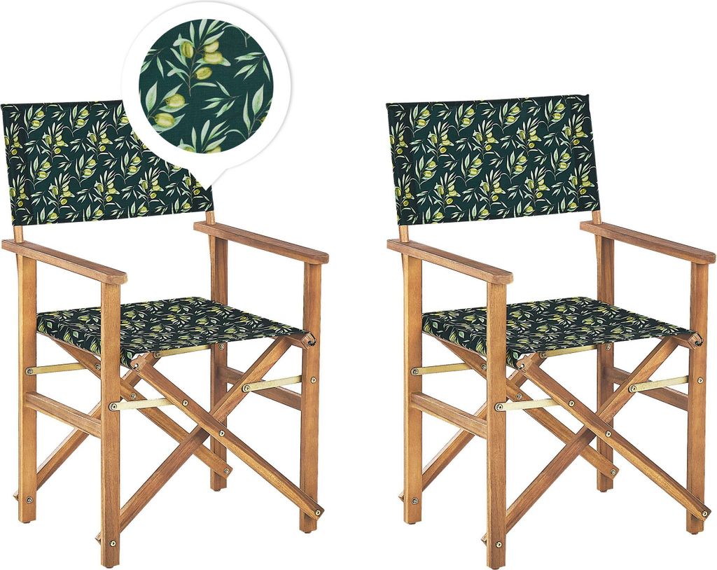 BELIANI Gartenstühle 2er Set Hellbraunes Akazienholz mit 4 Wechselbaren Stoffbezügen Grau und Grün mit Olivenmuster Zusammenklappbar Outdoor Garten