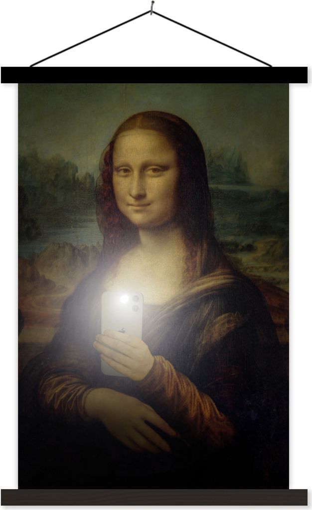 MuchoWow Textilposter Mona Lisa - Telefon - Da Vinci 120x180 cm mit schwarzem Rahmen - Fotos
