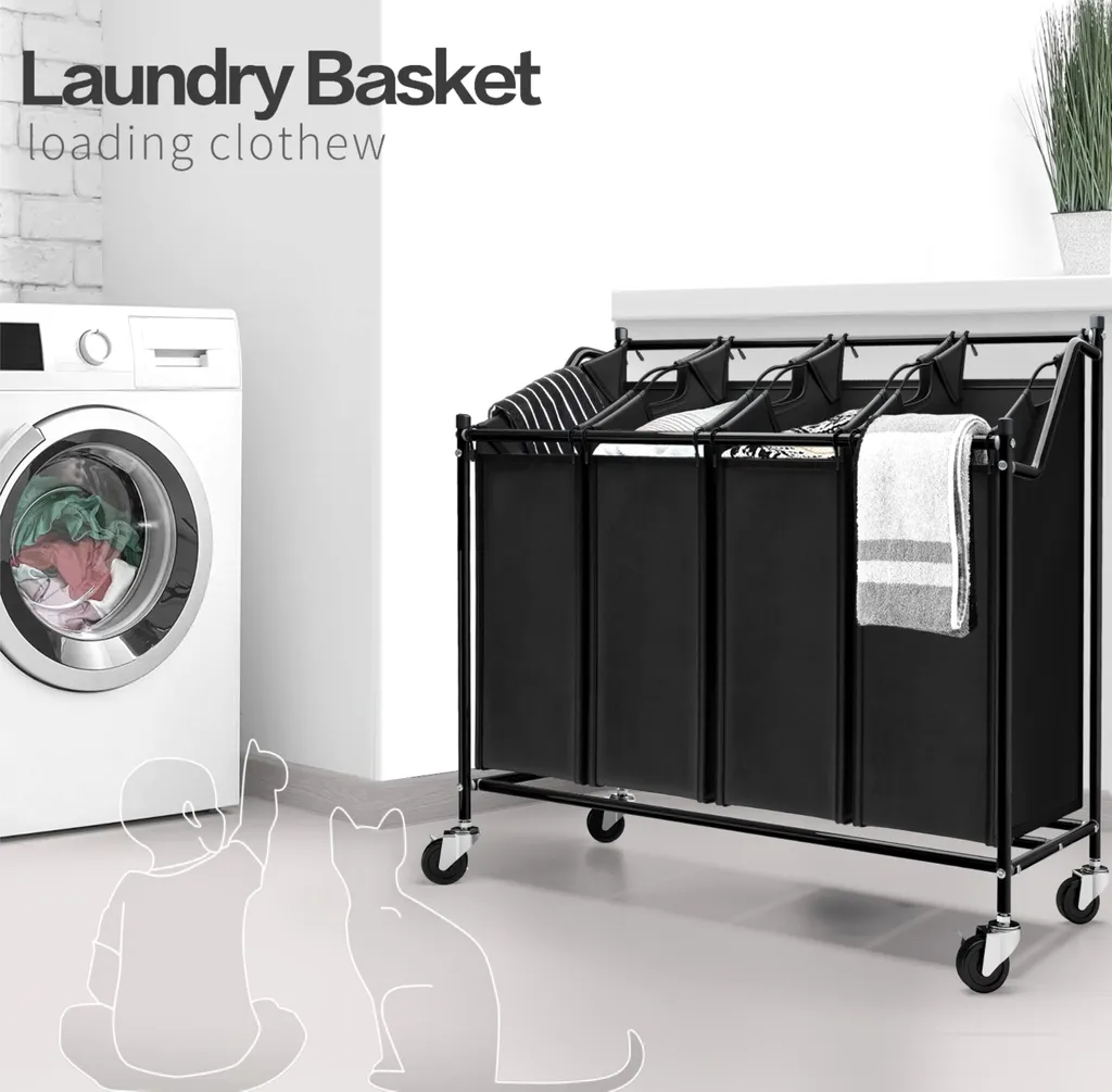 Bac à Linge avec Roulettes Freinées et 4 Compartiments de Tri Facile