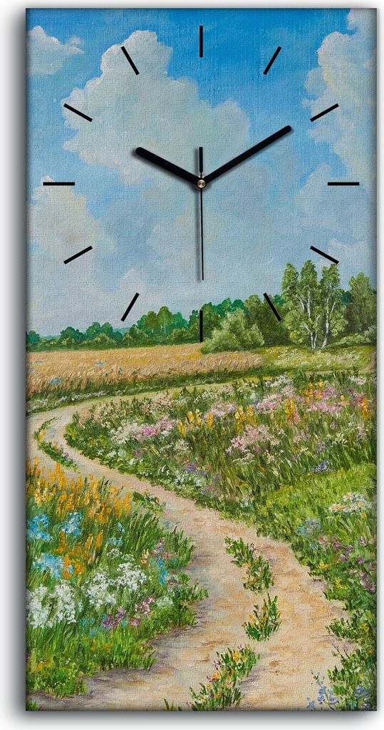 Dekor Leinwand Uhr Wandbilder 30x60 Malerei Wiese Blumen Bäume Himmel Wolken - schwarze Hände