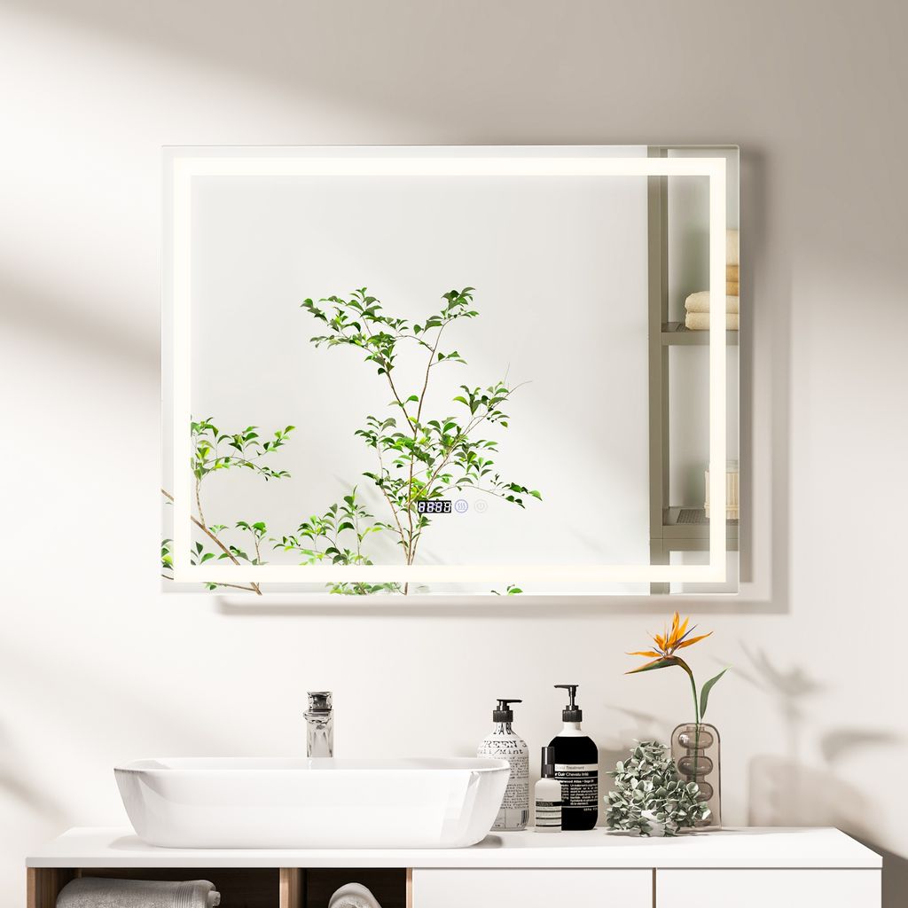 Badspiegel 90x70cm mit 3 Farben Beleuchtung, Wandspiegel mit Touch-Schalter, Anti-Beschlag, Zeit- & Temperaturanzeige, Rechteckiger Badezimmerspiegel