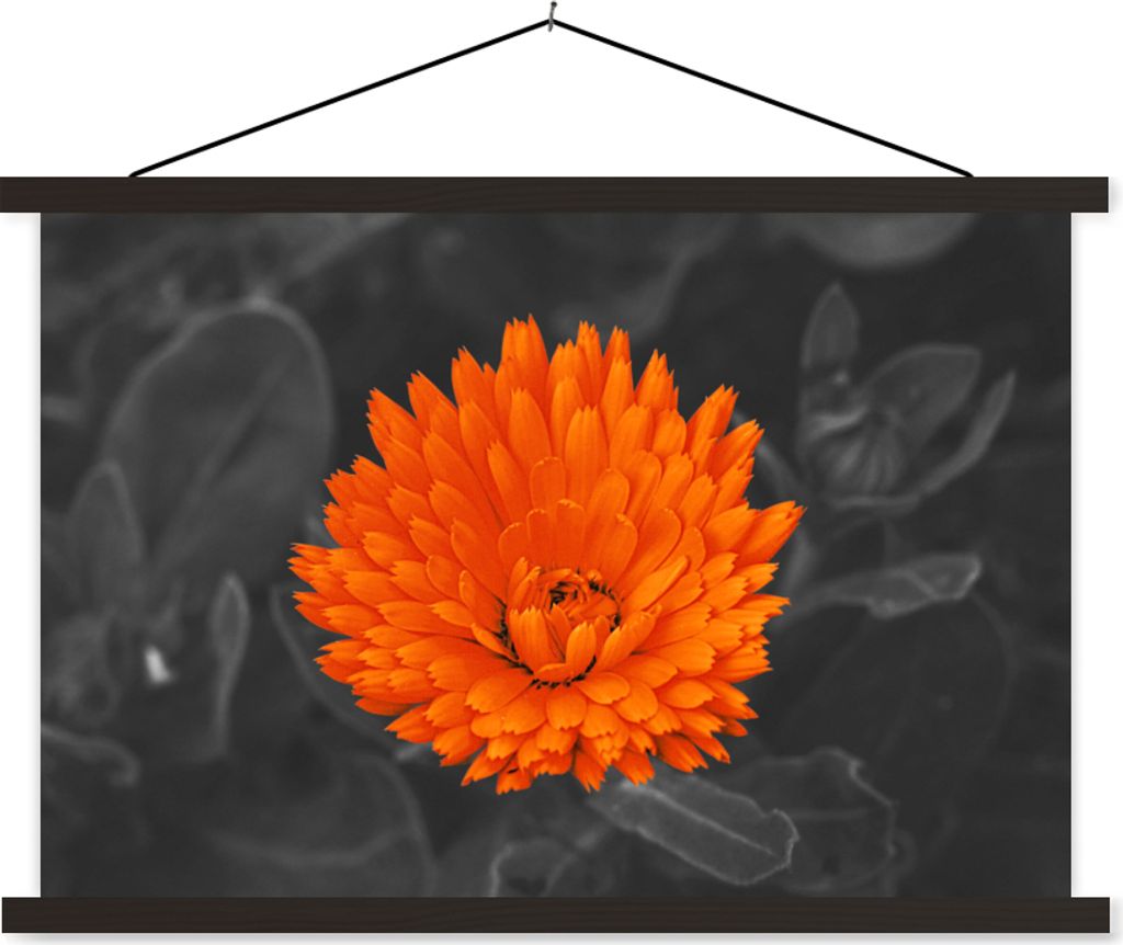 MuchoWow Textilposter Blumen - Orange - Schwarz - Weiß 120x80 cm mit schwarzem Rahmen - Wanddeko