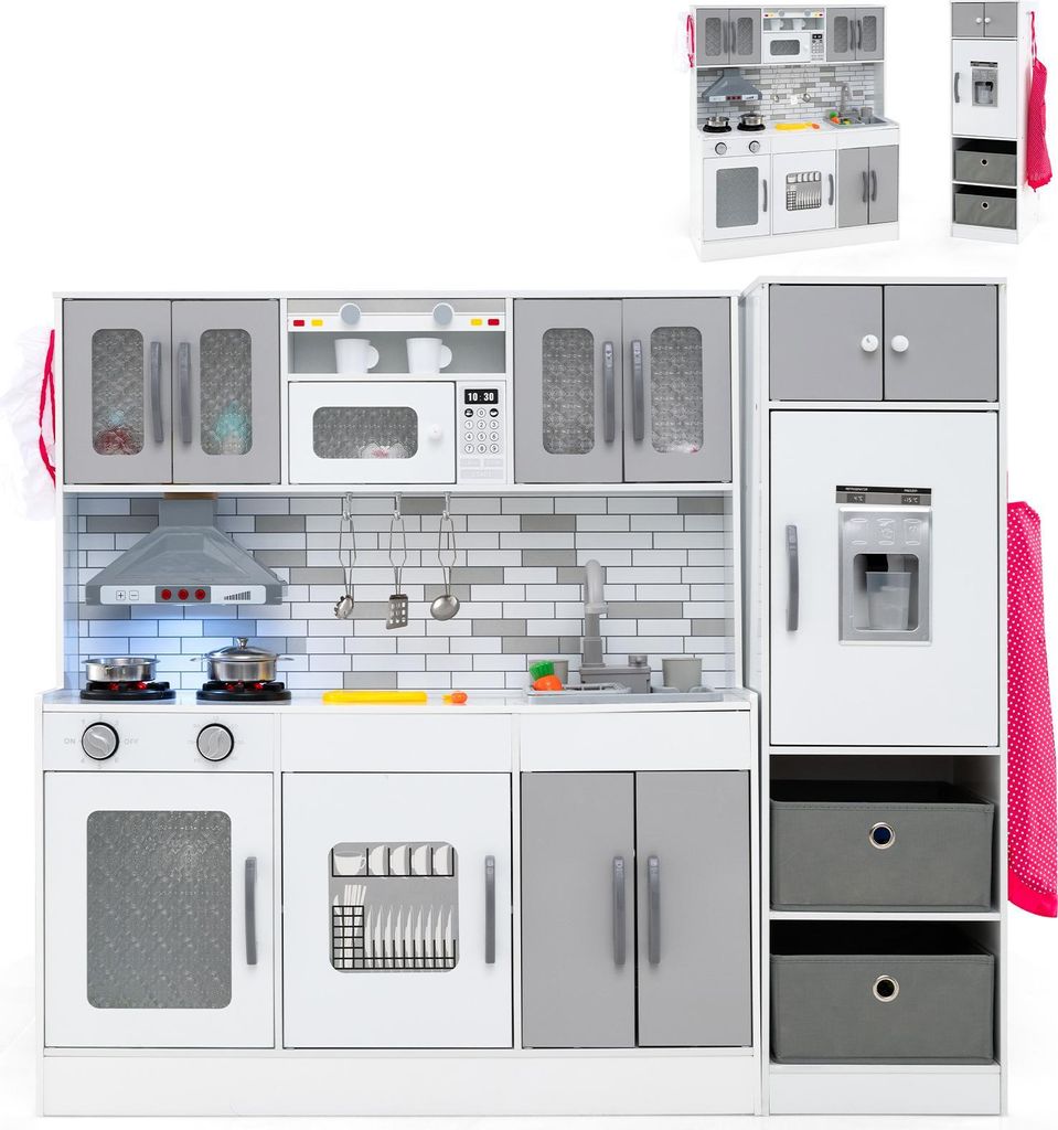 COSTWAY Kinderküche inkl.22 Zubehörteilen, modulare Spielküche mit Kühlschrank & 2 Stoffkörben, Wasserfunktion, Licht&SoundHolzküche für Kin...