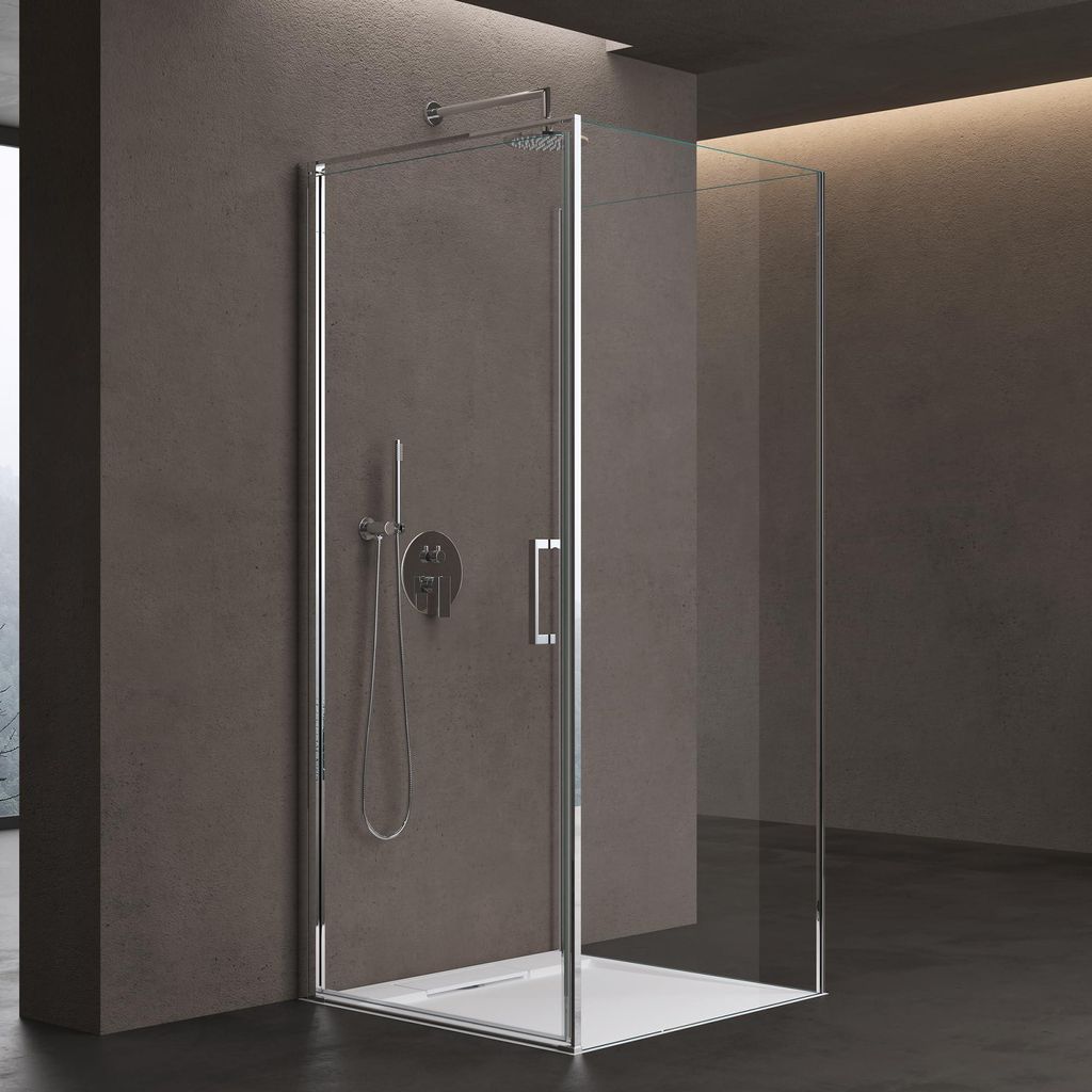 A modern shower cabin with glass doors and chrome fixtures in a minimalist bathroom setting.