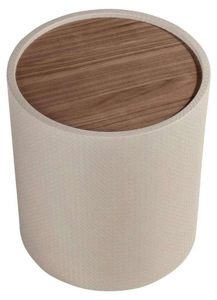 Bout de canapé rond noyer et similicuir sable 2165 - Mobilier de salon