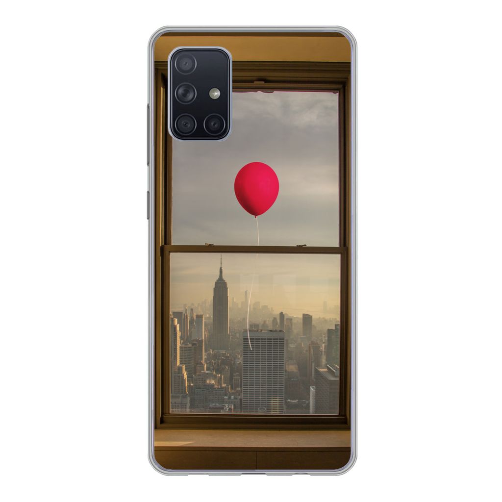 MuchoWow Handyhülle Schutzhülle Hülle für Samsung Galaxy A51 Roter Ballon fliegt an Fenster in New York vorbei Silikon Softcase Handy Hülle ...