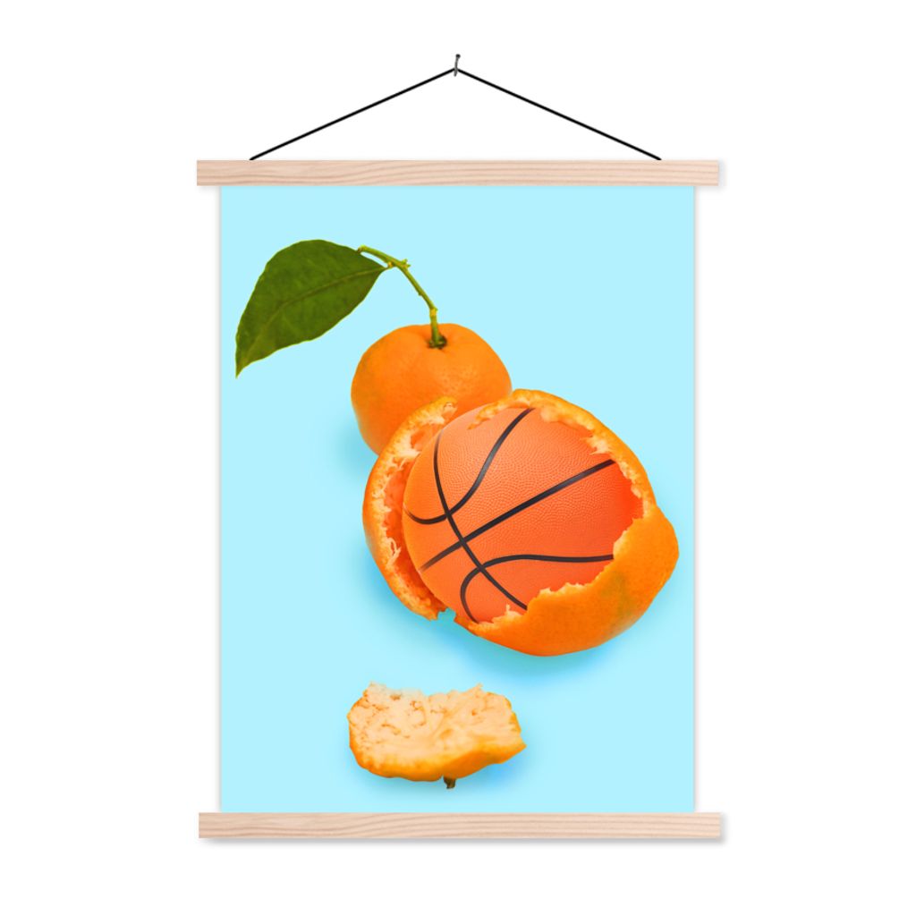 MuchoWow Textilposter Basketball - Orange - Obst - Orange - Blatt 60x80 cm mit holzfarbenen Rahmen - Wandbild