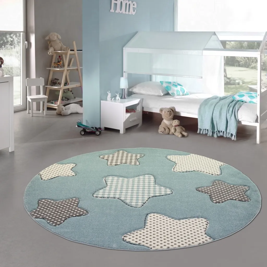 Tapis enfant antidérapant rond 120 cm bleu gris facile à nettoyer