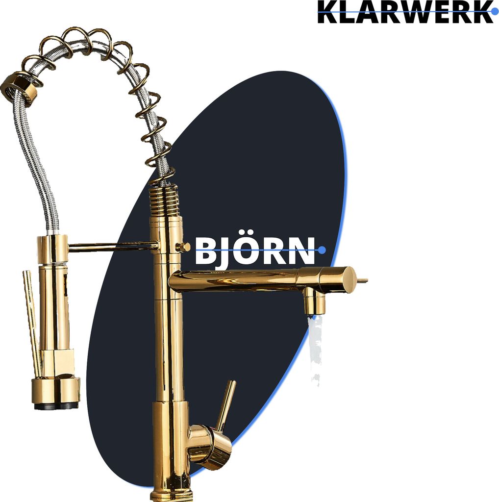 Björn | Gastronomie Gold glanz Küchenarmatur| Zwei Brausen | Edelstahl Professional Wasserhahn Küche| Doppelspülbecken Restaurant