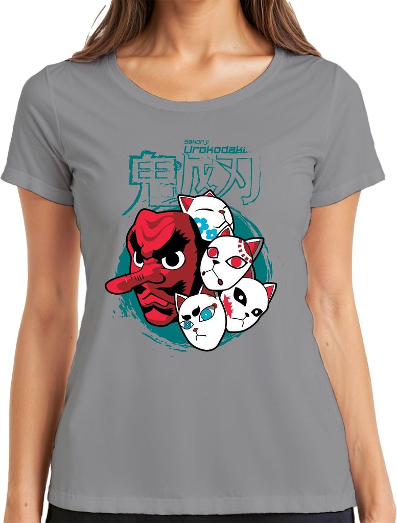 Tengu Maske Urokodaki Kitsune Masken Japan Anime Halloween Damen T-Shirt, Grau, S