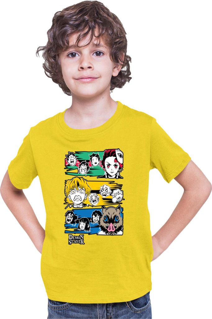 Kinder T-Shirt Demon Anime Slayer Kimetsu No Yaiba Tanjiro Zenitsu Inosuke 001, 12-13 Jahr - 152 / Gelb