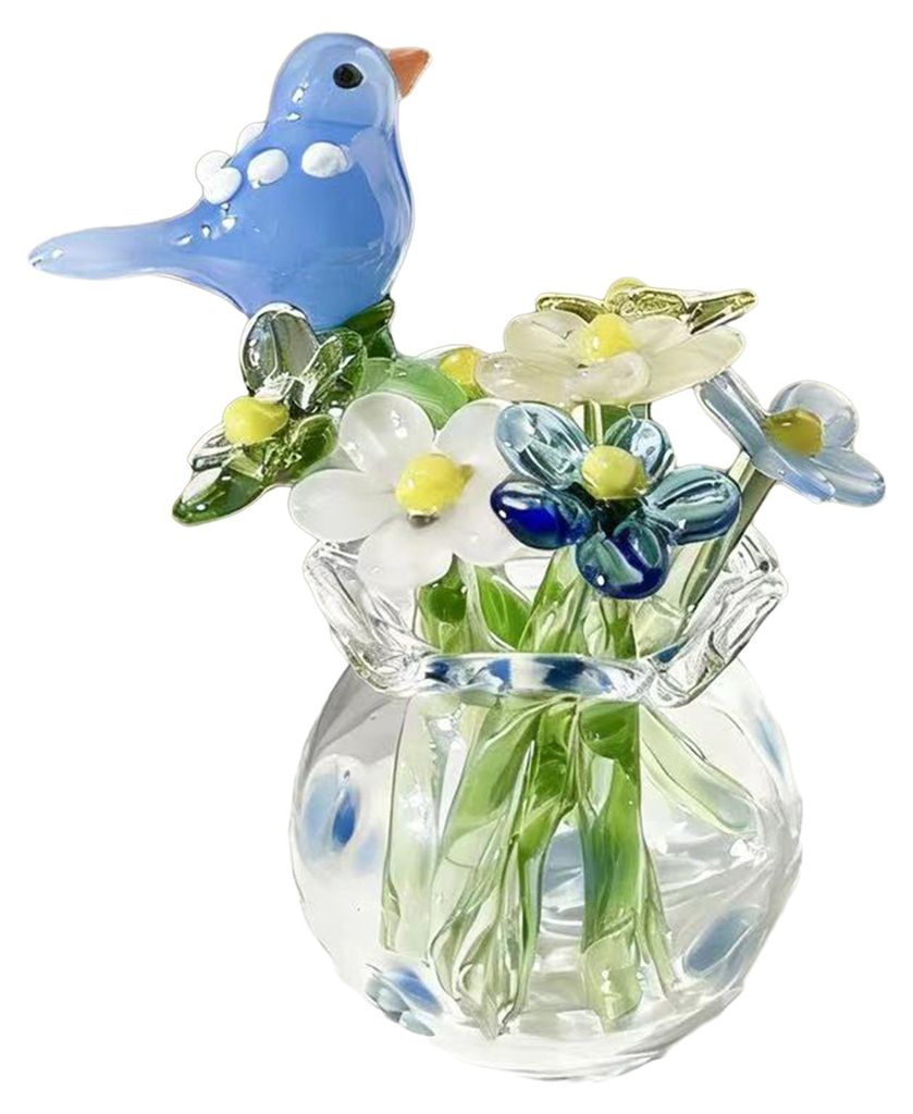 Miniatur-Glasblumenfigur, kleiner handgeblasener Kunstkristall-Blumenstrauß in Vase mit Schmetterling/Vogel/Biene, Sammlerstück, Heim-, Büro-, T...