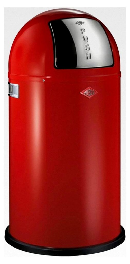 Pushboy Mülleimer rot, pulverbeschichtetes Stahlblech, 50 Liter Volumen, große Edelstahlklappe, herausnehmbarer Innenbehälter