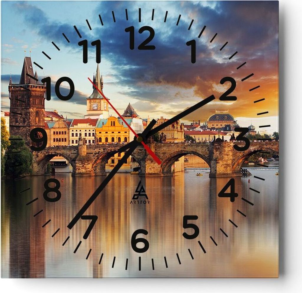 Wanduhr - Quadrat - Glasuhr - Prag brücke geschichte fluss - 40x40cm - Schleichendes Uhrwerk - Lautlos - zum Aufhängen bereit - Dekoration Modern...
