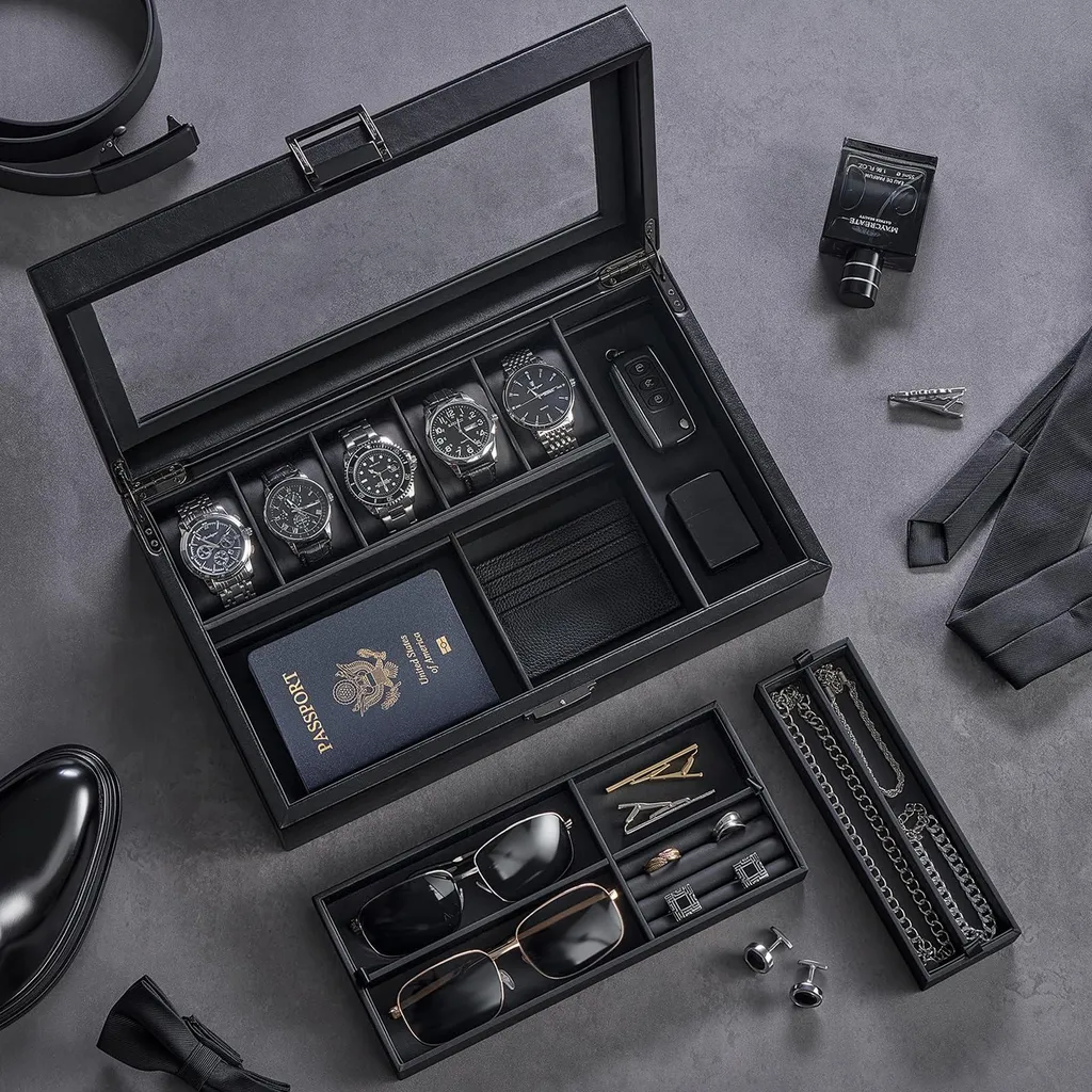 Boîte à montres 5 compartiments en similicuir noir avec vitre