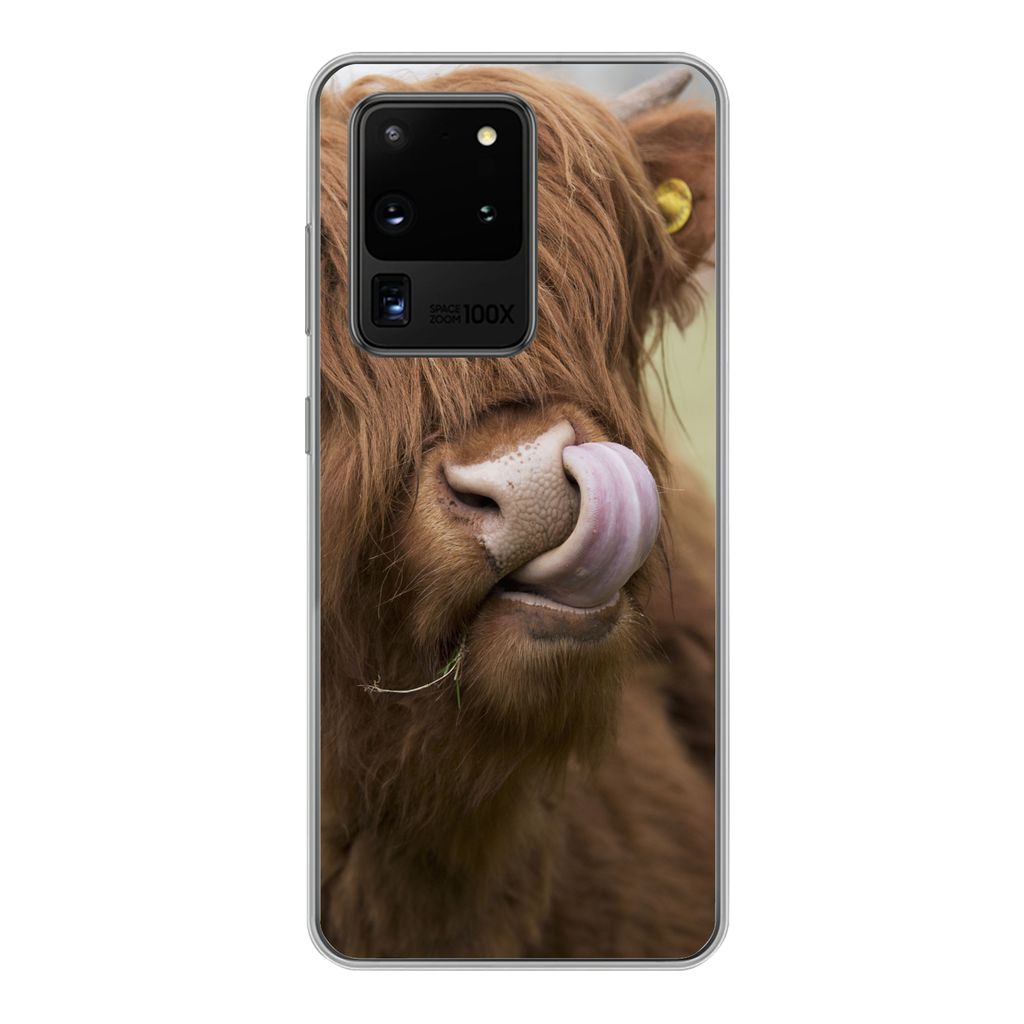 MuchoWow Handyhülle Schutzhülle Hülle für Samsung Galaxy S20 Ultra Schottischer Highlander - Braun - Tiere Silikon Softcase Handy Hülle - Ka...