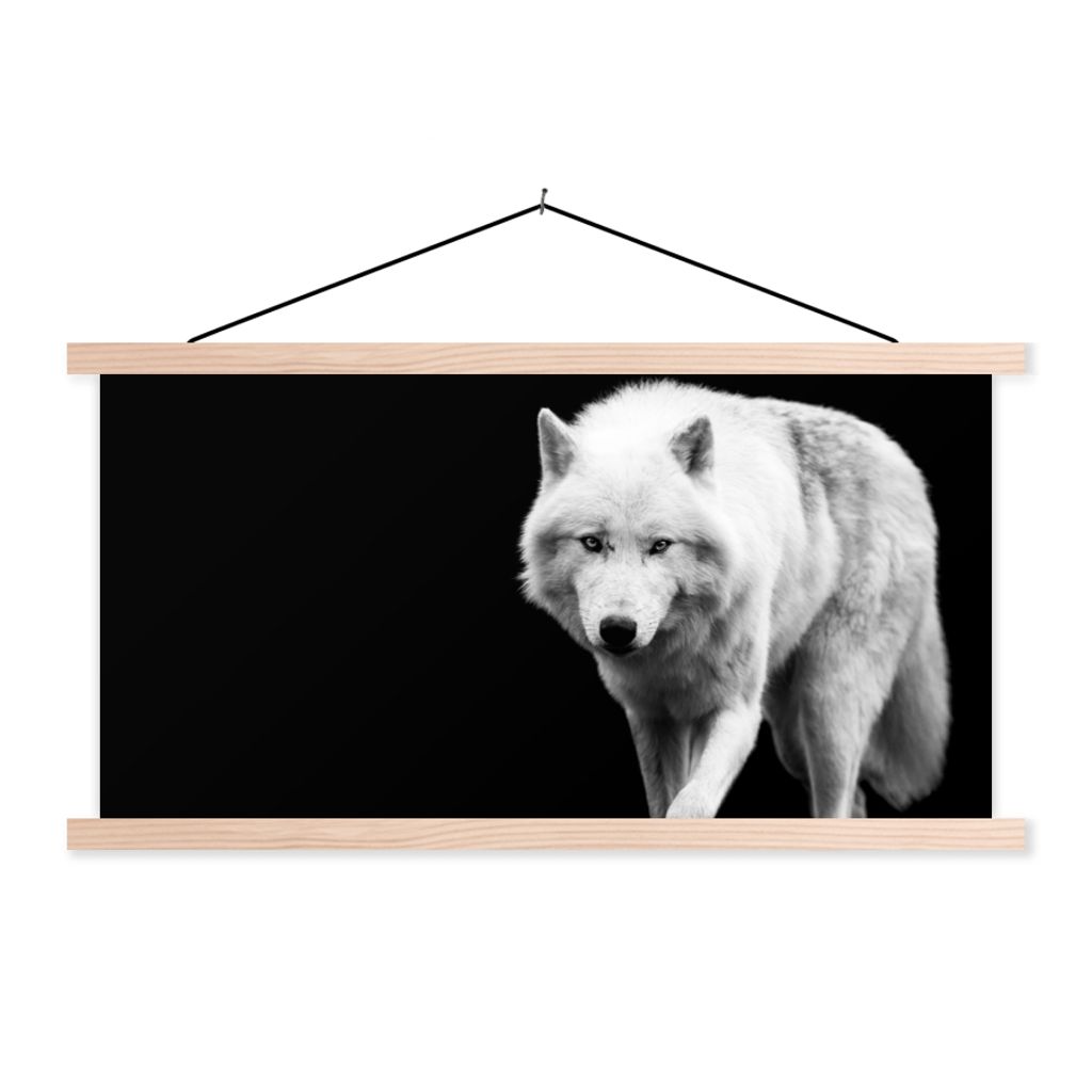 MuchoWow Textilposter Wolf - Tier - Schwarz - Weiß 120x60 cm mit holzfarbenen Rahmen - Klemmleiste